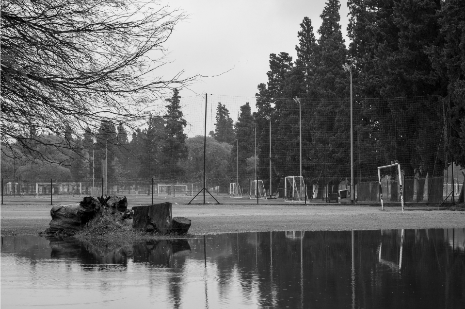 flooded soccer pitch on a rainy day